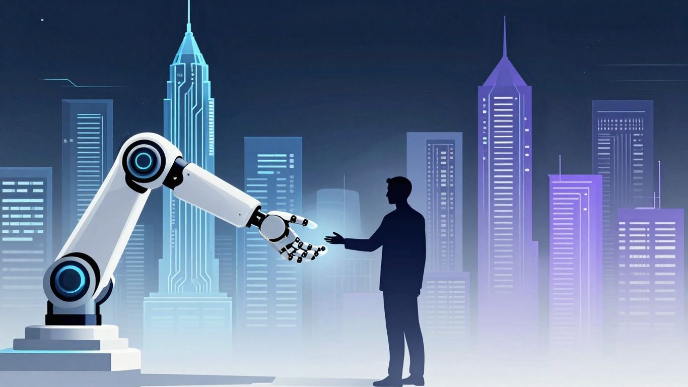 Robot arm assisting a person in a futuristic city.