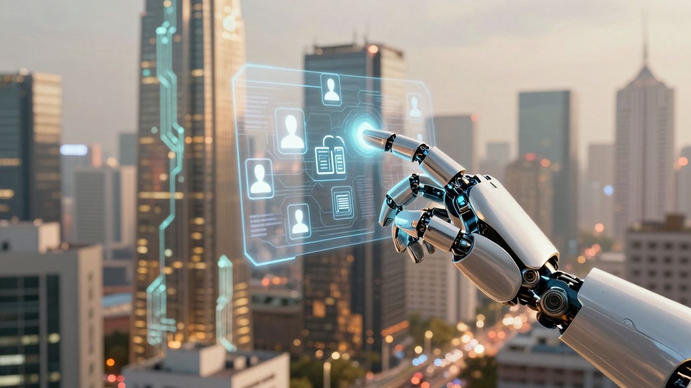 AI assisting customer support with futuristic interface.