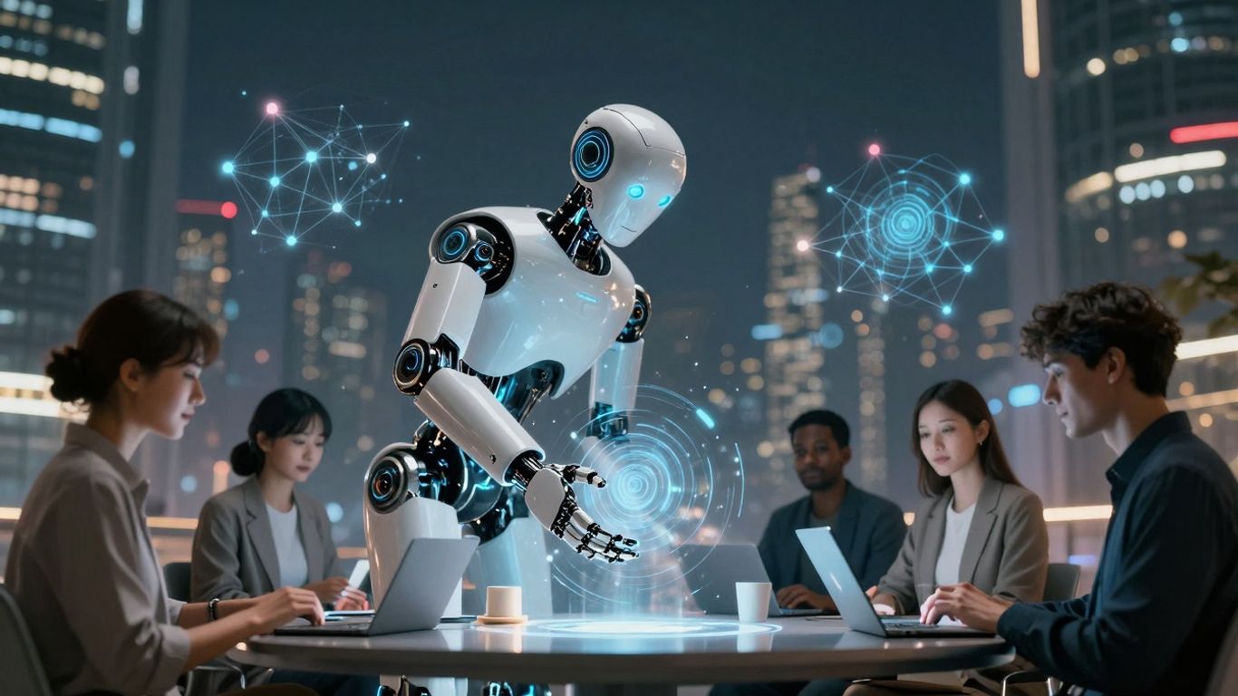 AI assisting customers in a futuristic business setting.