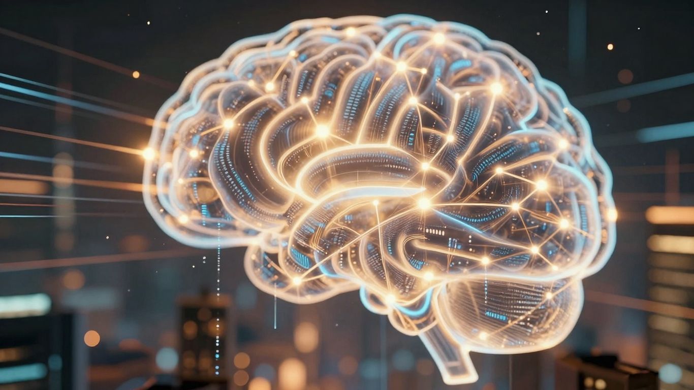 AI brain connecting with digital data streams.
