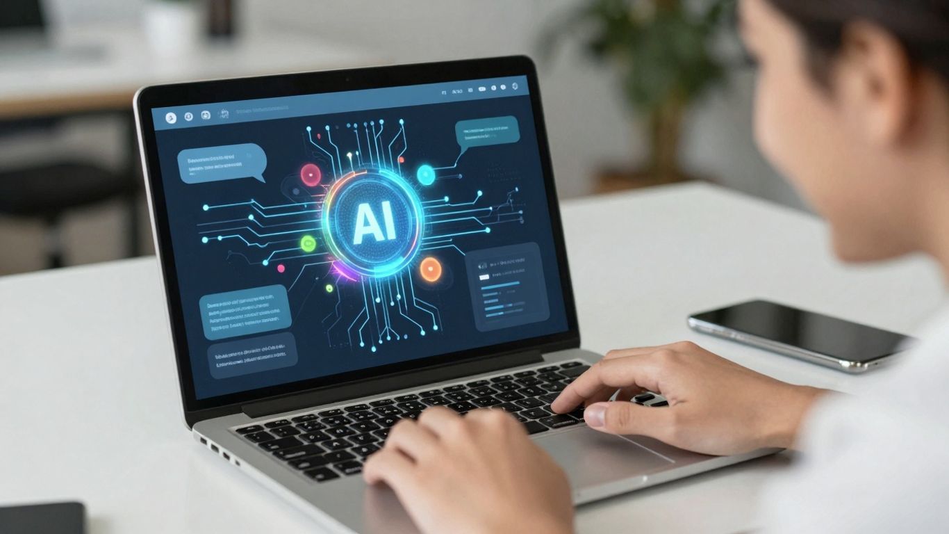 Small business owner using AI chatbot for customer support.