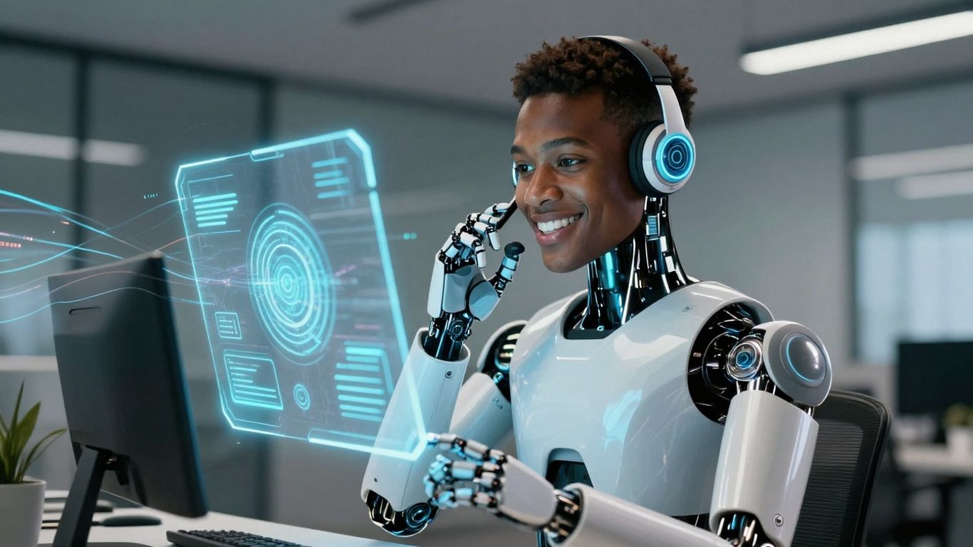 AI robot assisting customer with headset