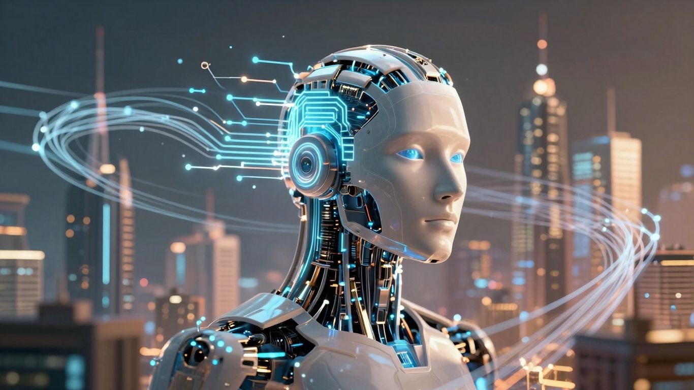 AI robot head connecting futuristic cityscape