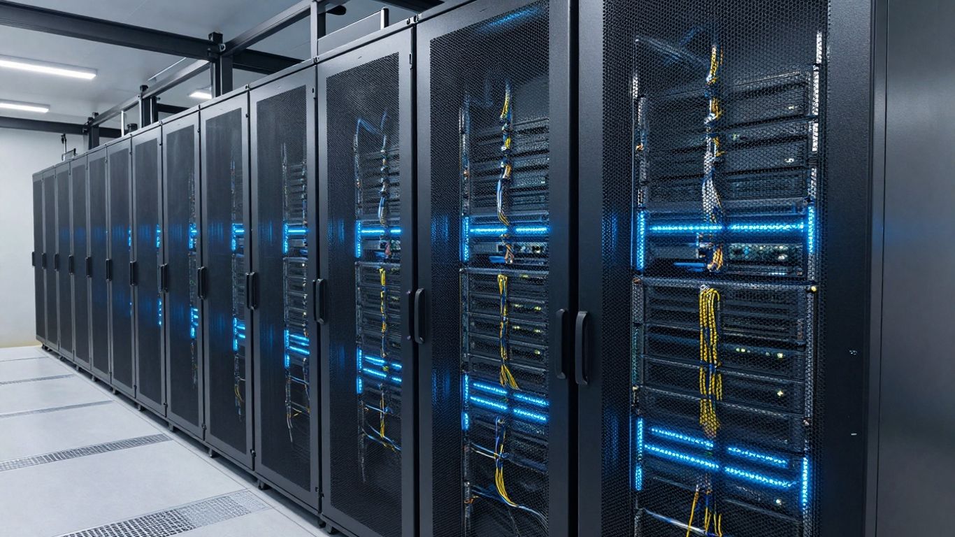 Modern server room with glowing blue lights and wiring.