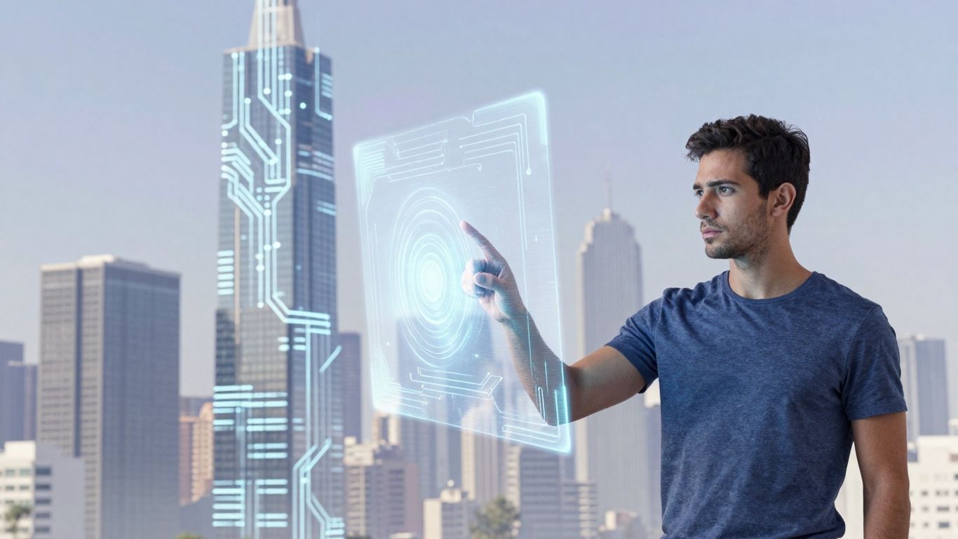 Futuristic cityscape with AI circuits and human-digital interaction.