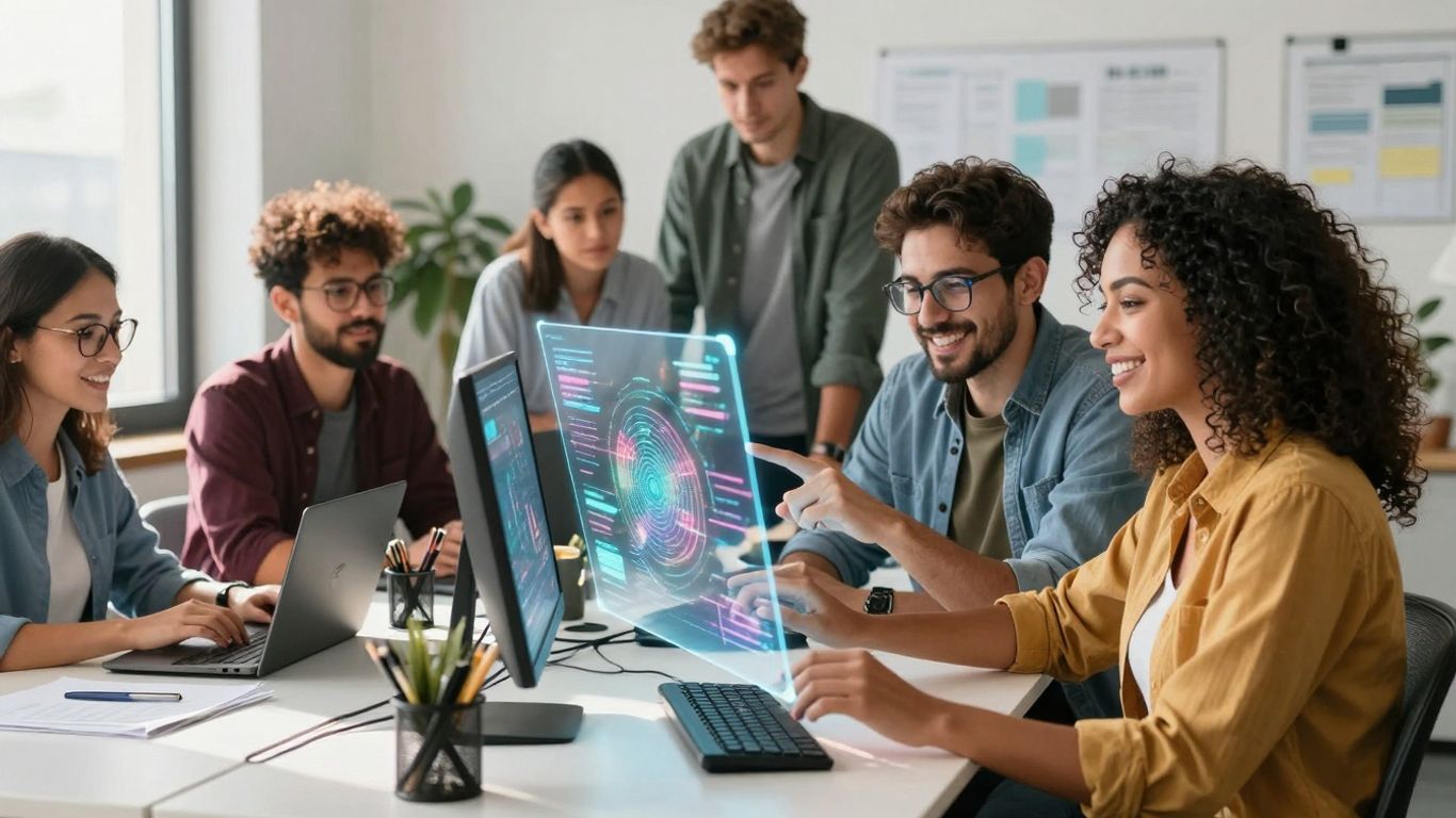 Business team collaborating with AI interface.