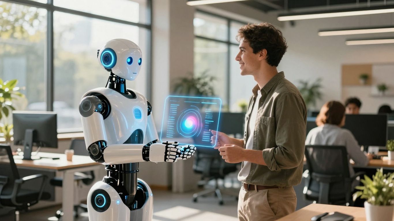 AI robot assisting a happy customer in a modern office.