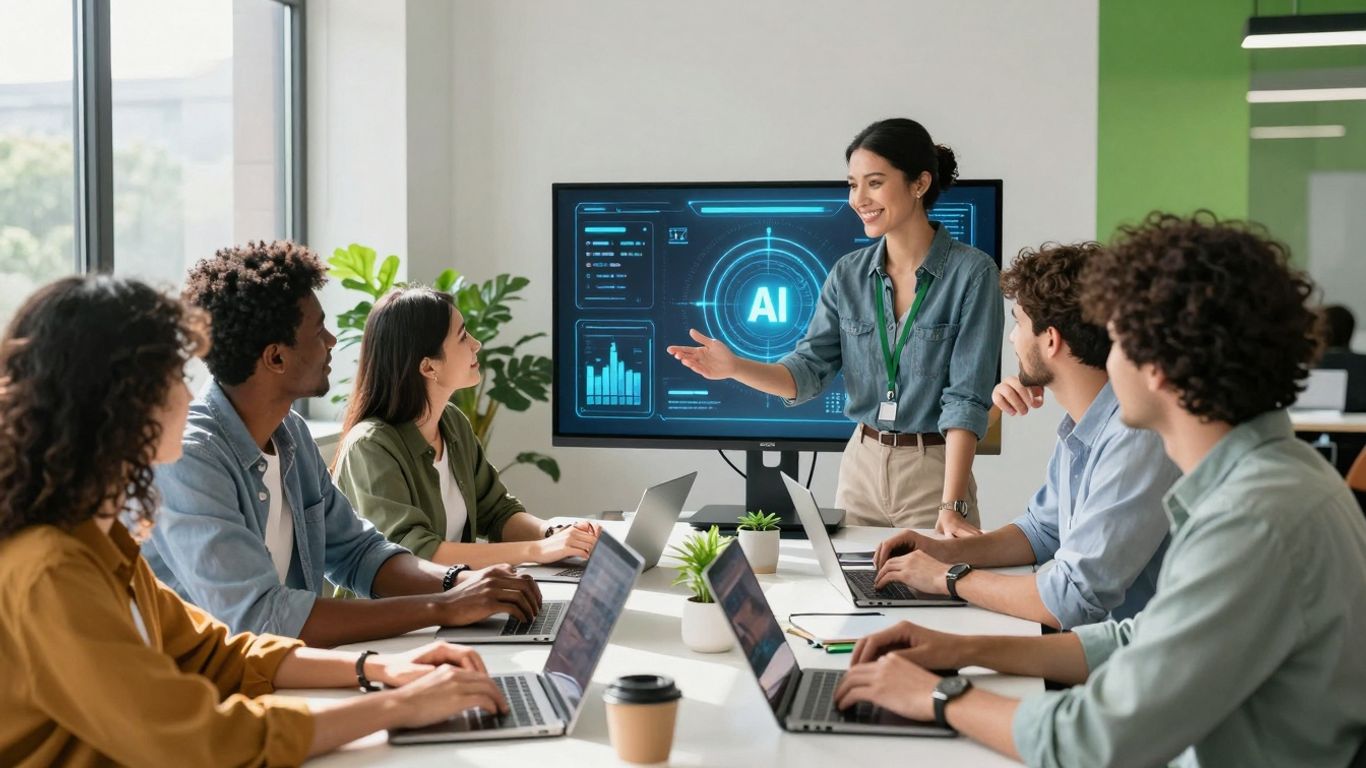 Business team collaborating with AI customer support.