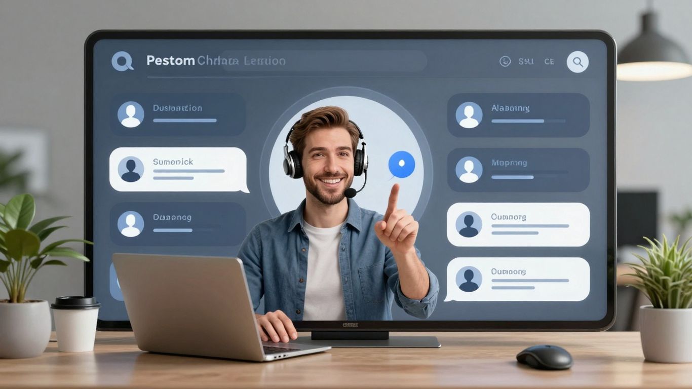 AI chatbot assisting customers with support icons.