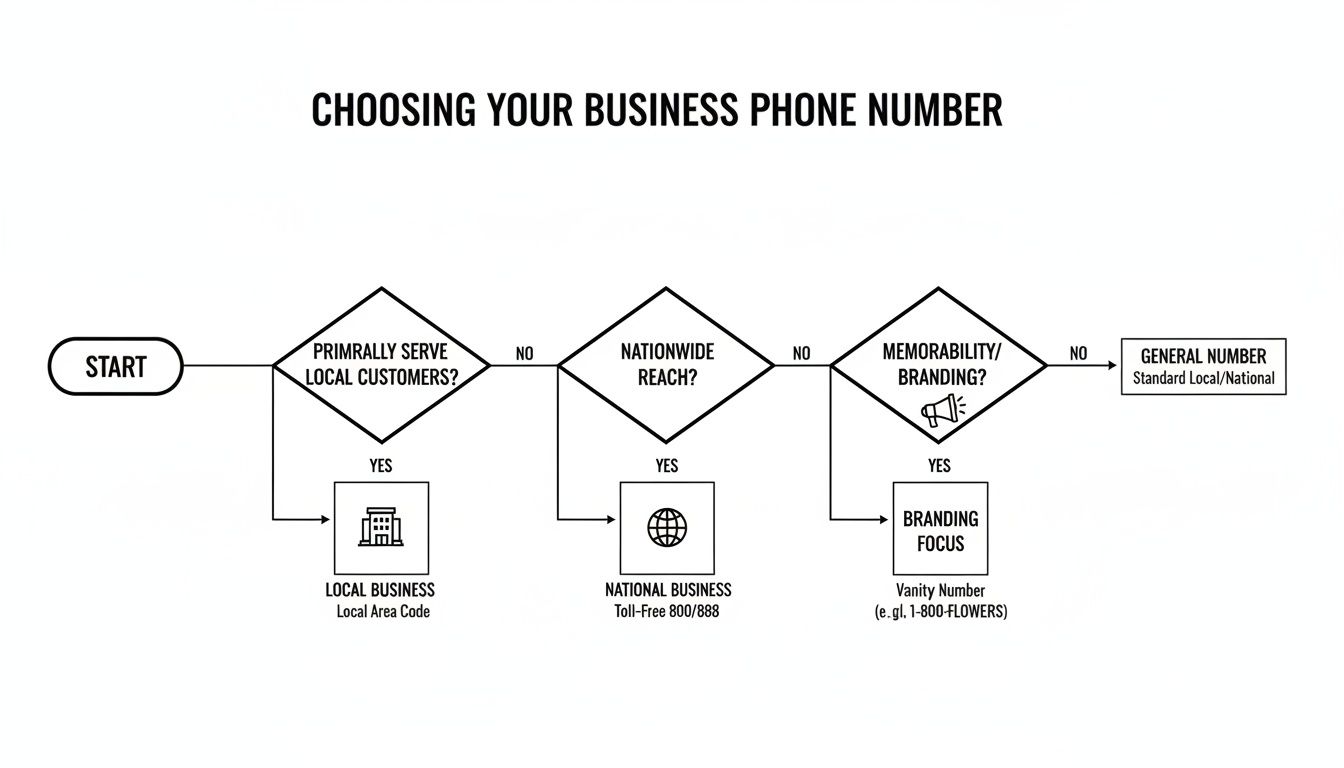 Flowchart guiding decision-making for choosing the best business phone number type.