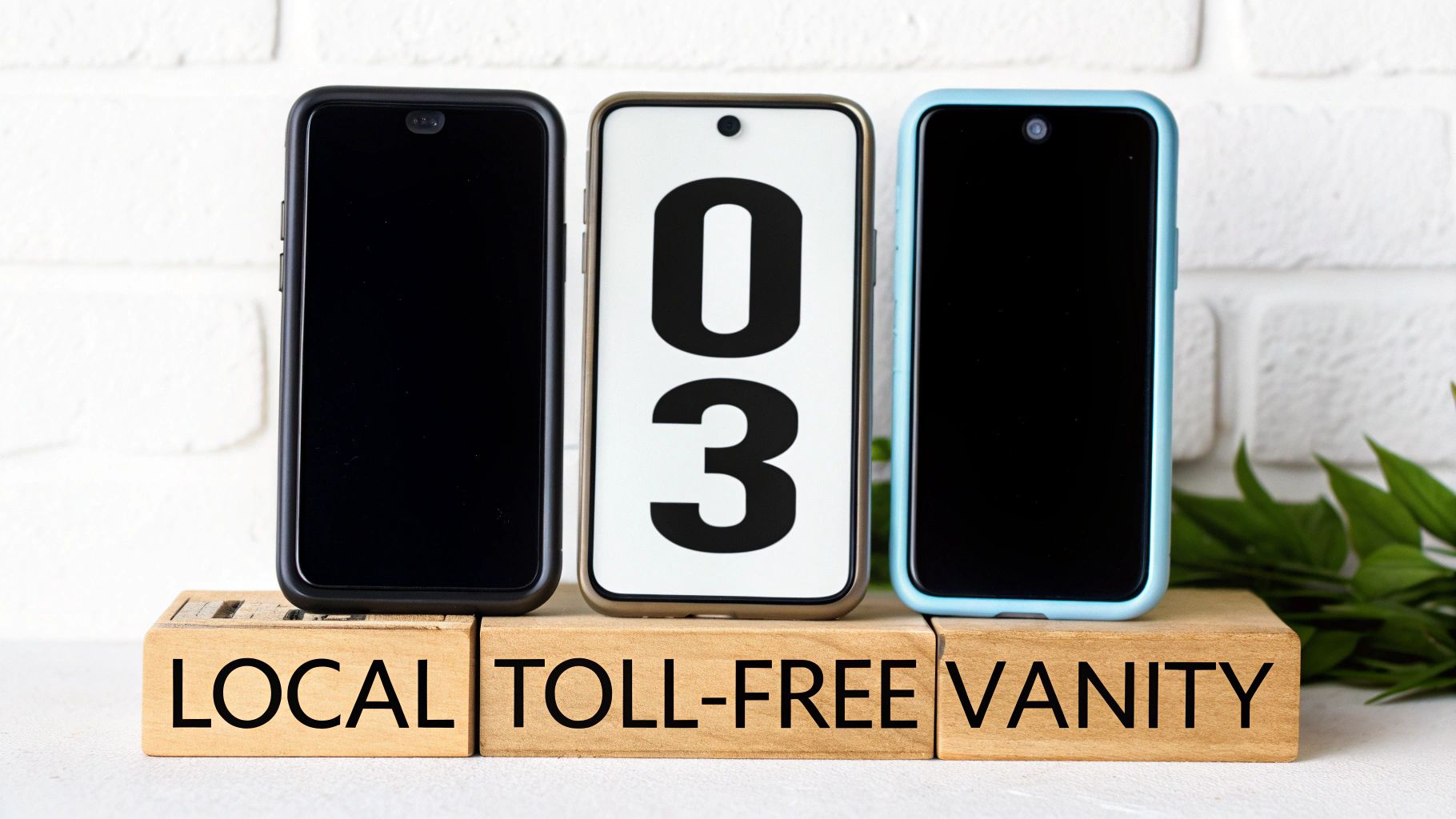 Three smartphones on wooden blocks with text 'LOCAL', 'TOLL-FREE', 'VANITY', illustrating phone number types.