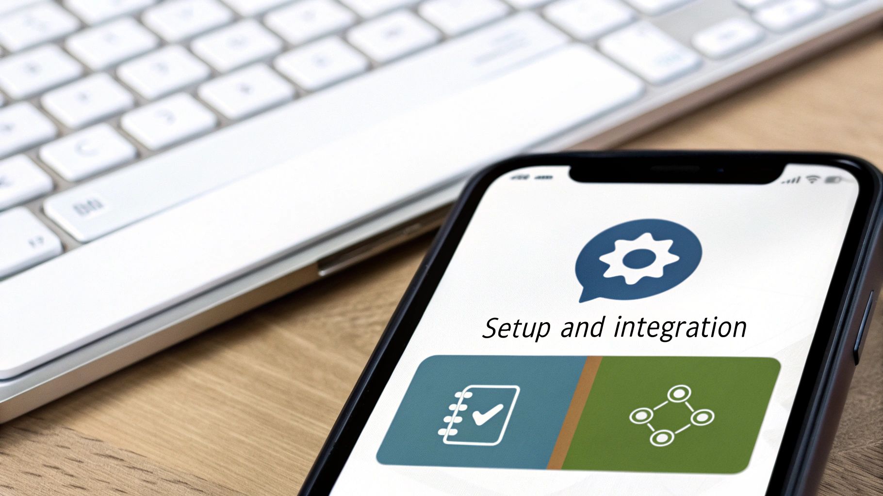 A smartphone displays an app screen showing 'Setup and integration' with related icons on a wooden desk near a keyboard.