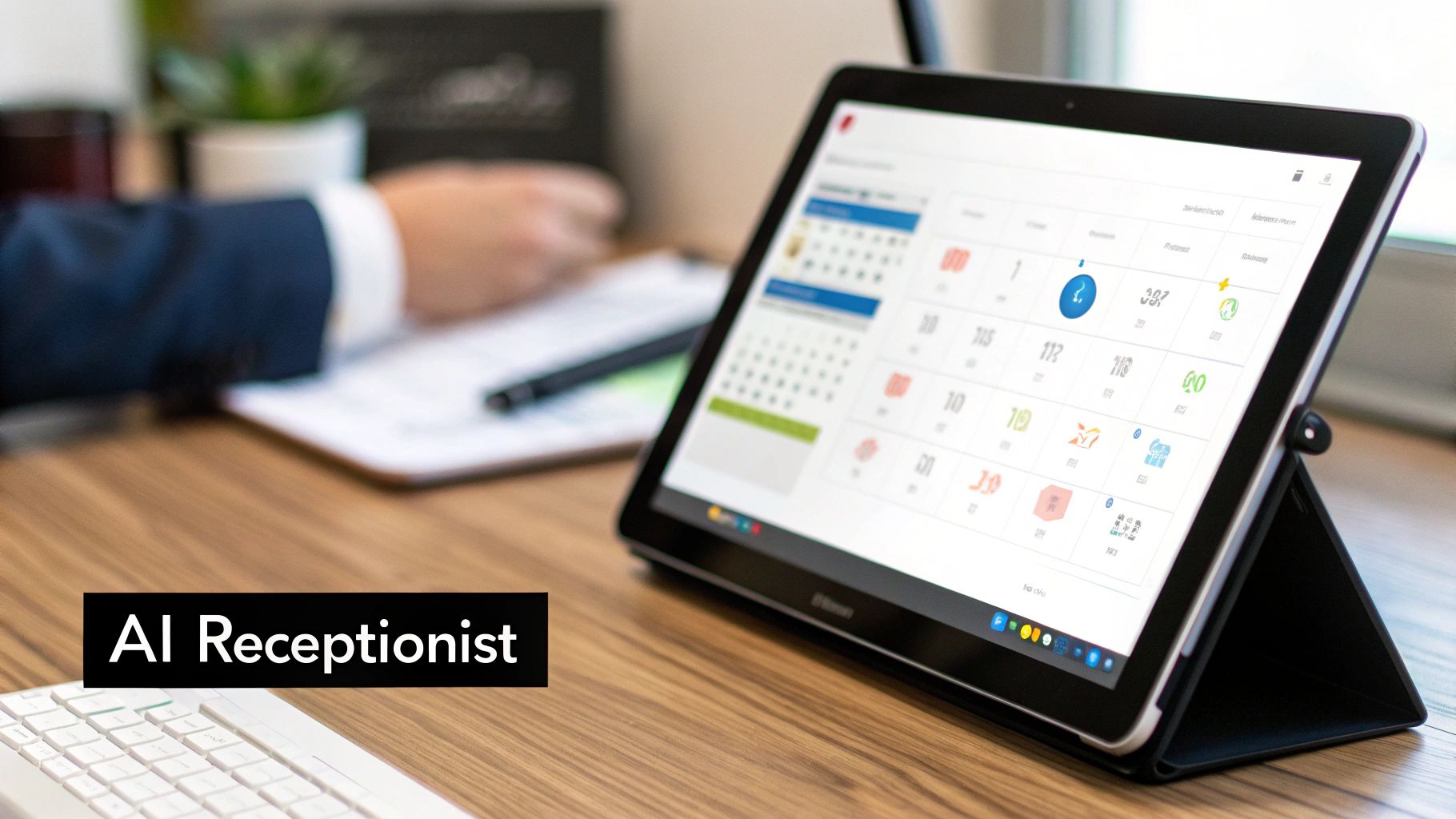 A professional in a suit uses a tablet displaying an AI receptionist dashboard and calendar.