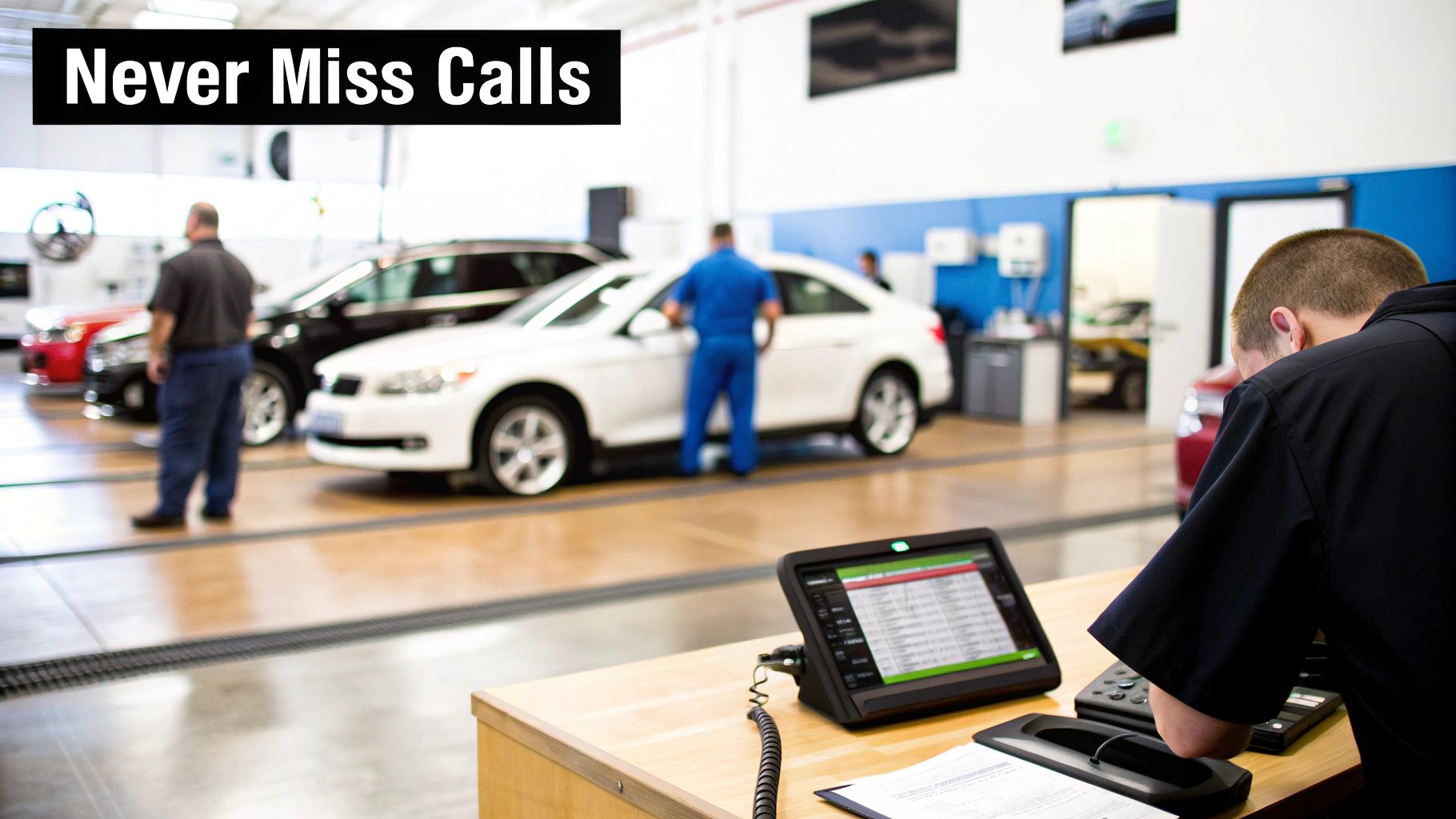 An automotive service desk with a technician, phone, and screen, ensuring calls are managed.