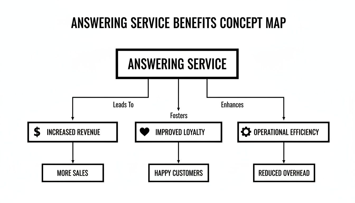 A concept map showing the benefits of an answering service, including increased revenue, improved loyalty, and operational efficiency.