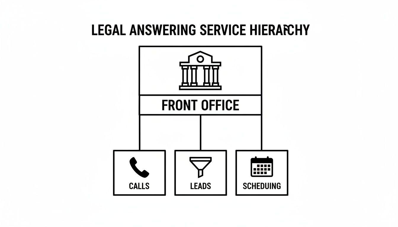 A legal answering service hierarchy diagram showing Front Office connected to Calls, Leads, and Scheduling.
