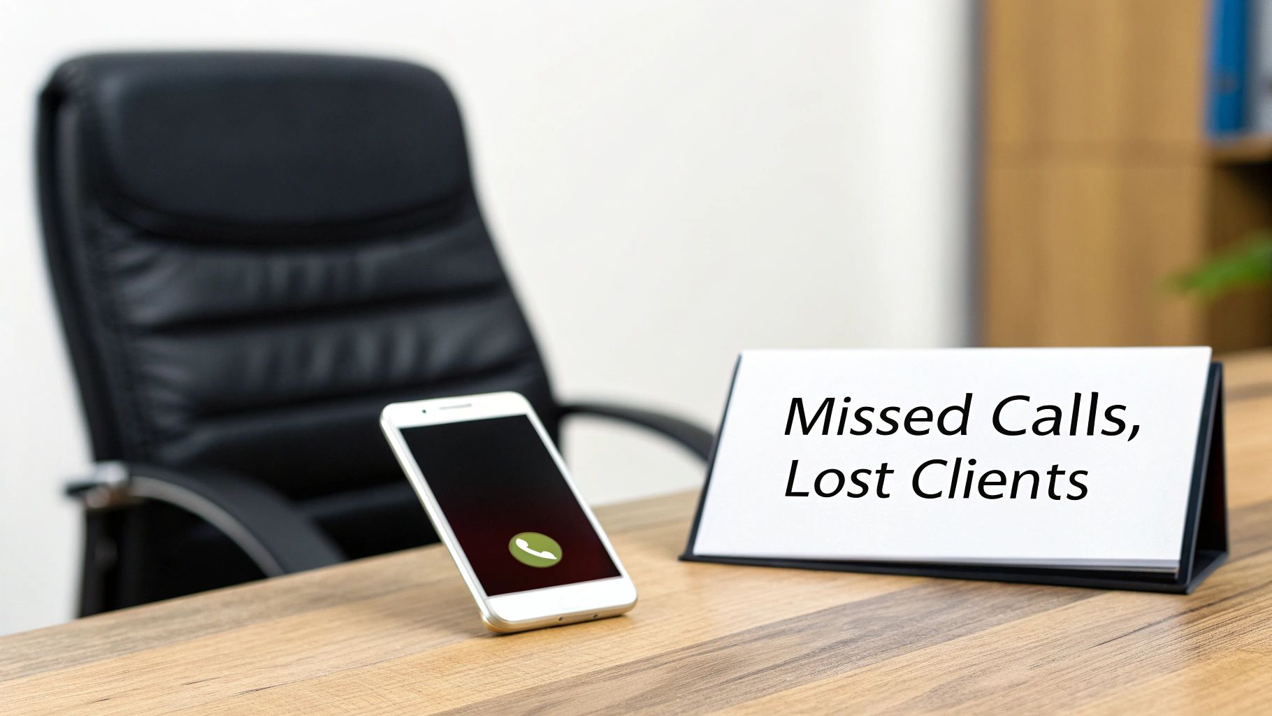 An office desk with a white smartphone ringing and a sign reading 'Missed Calls, Lost Clients'.