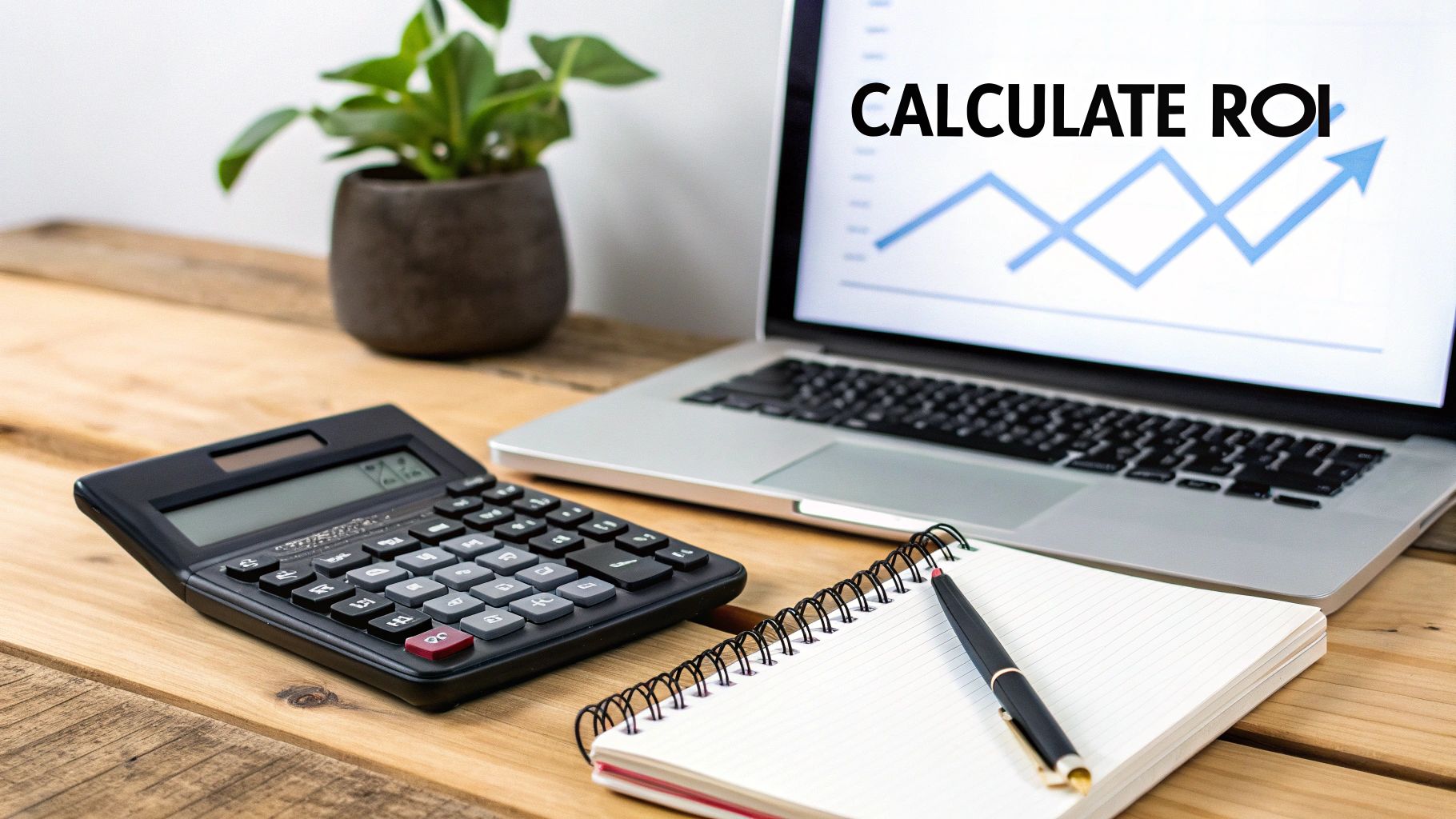 Desk setup with calculator, notebook, and laptop displaying 'CALCULATE ROI' and a growth graph, symbolizing financial planning.