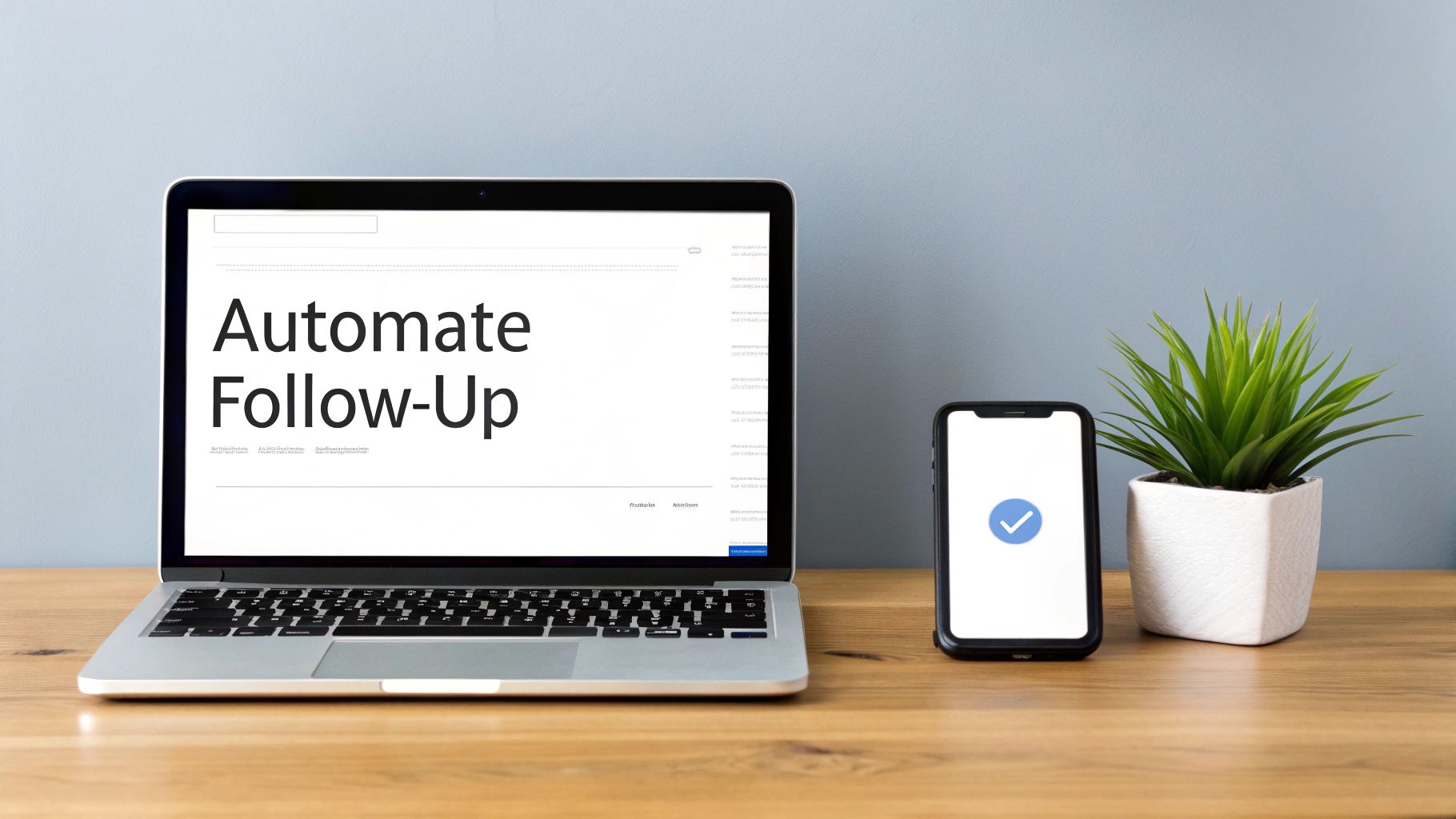 A laptop displaying 'Automate Follow-Up' and a smartphone with a blue checkmark, on a wooden desk.