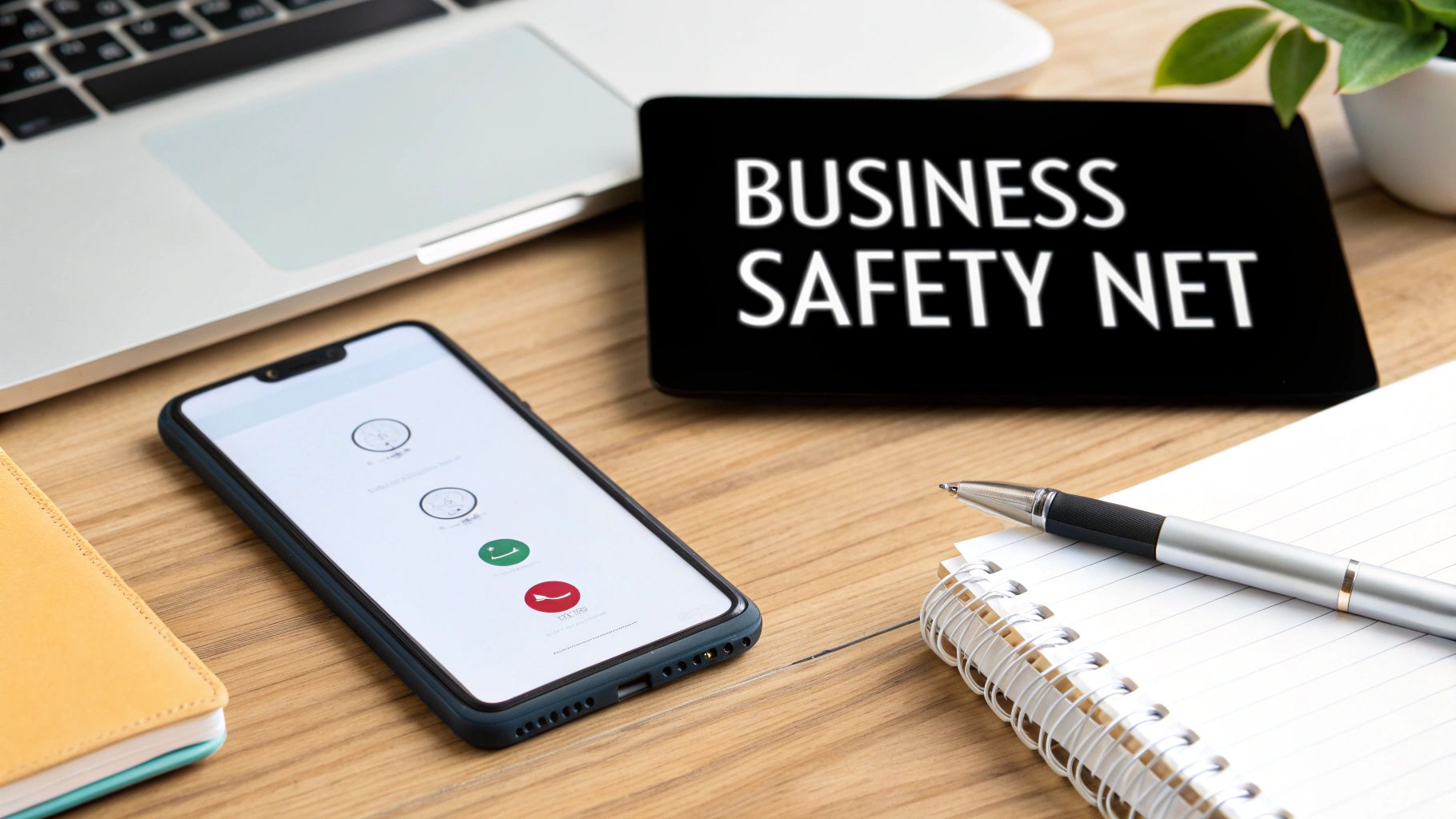 Desk setup with laptop, smartphone showing call interface, 'BUSINESS SAFETY NET' sign, notebook, and pen.