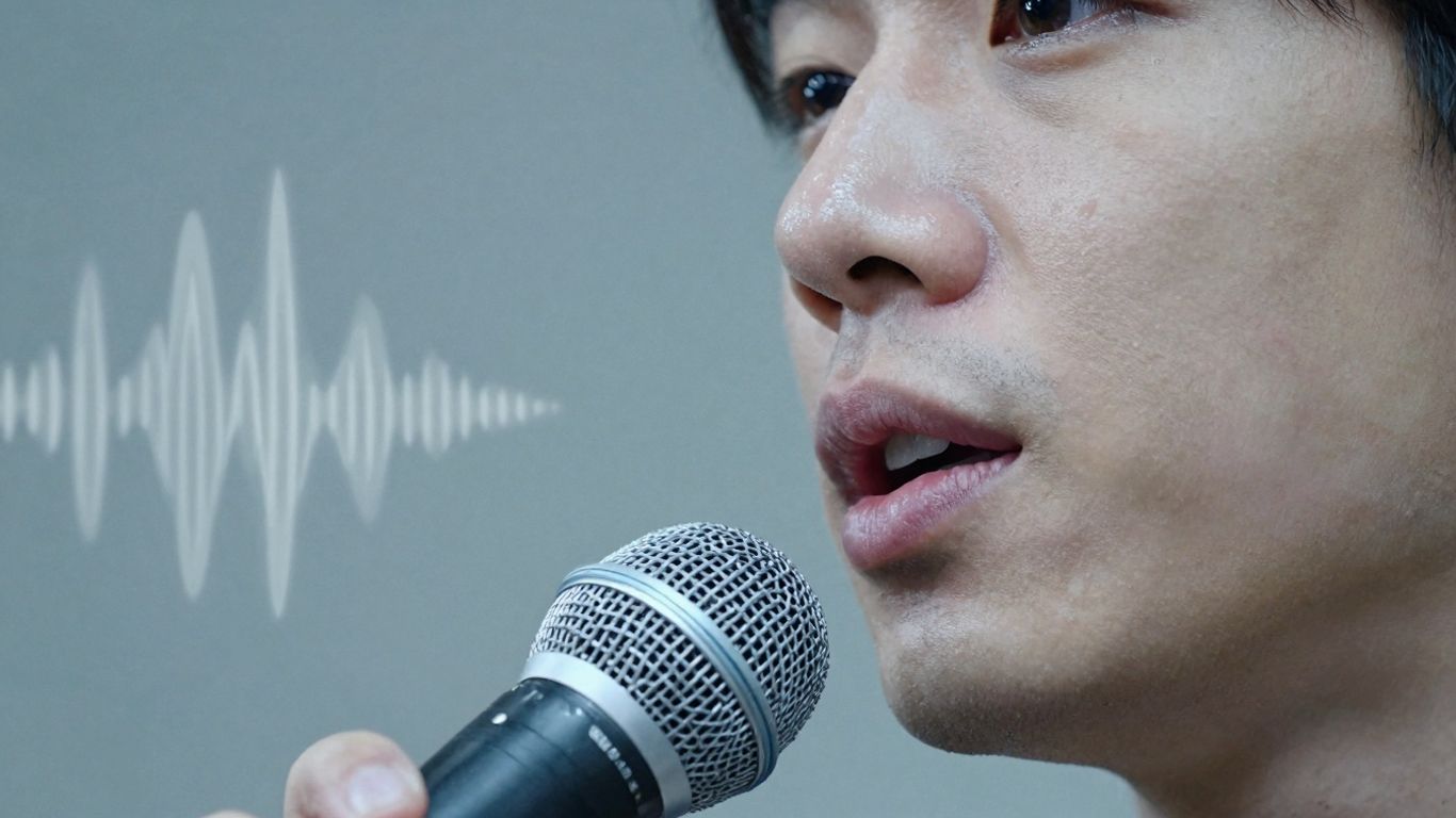 Person speaking clearly into a microphone with sound waves.