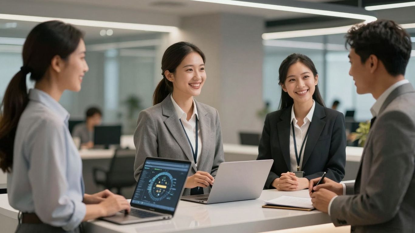 Business people at a modern reception desk.