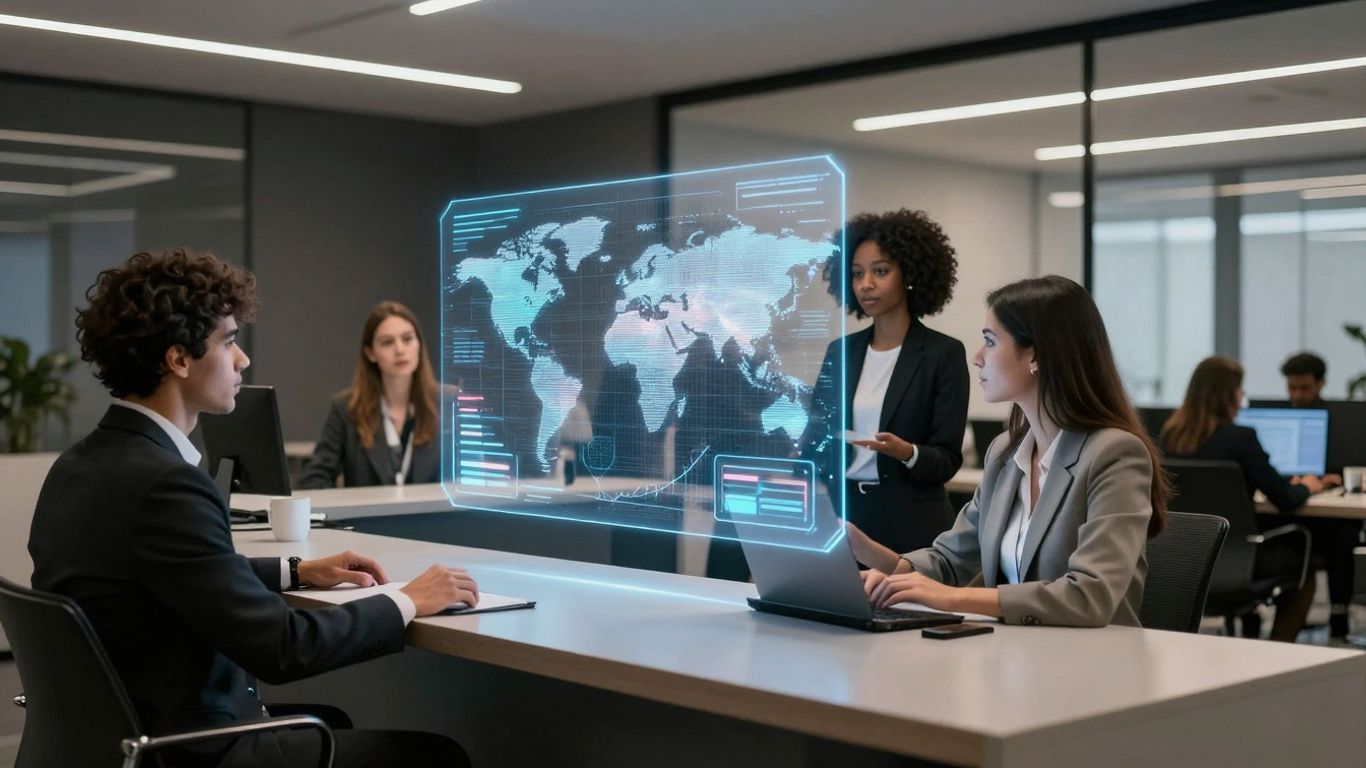 AI receptionist assisting diverse clients in a modern law office.