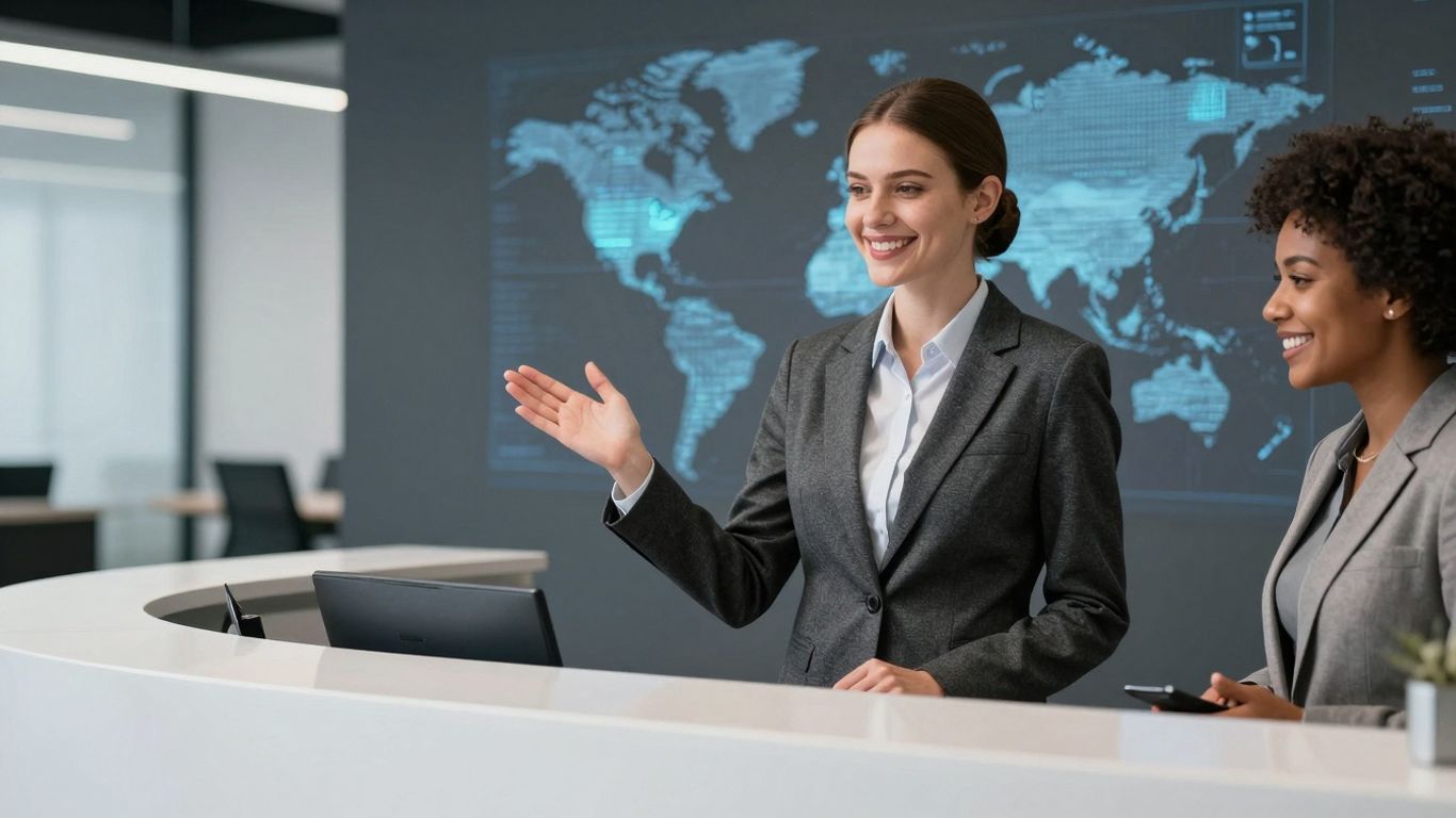 Multilingual AI receptionist in a modern law firm office.