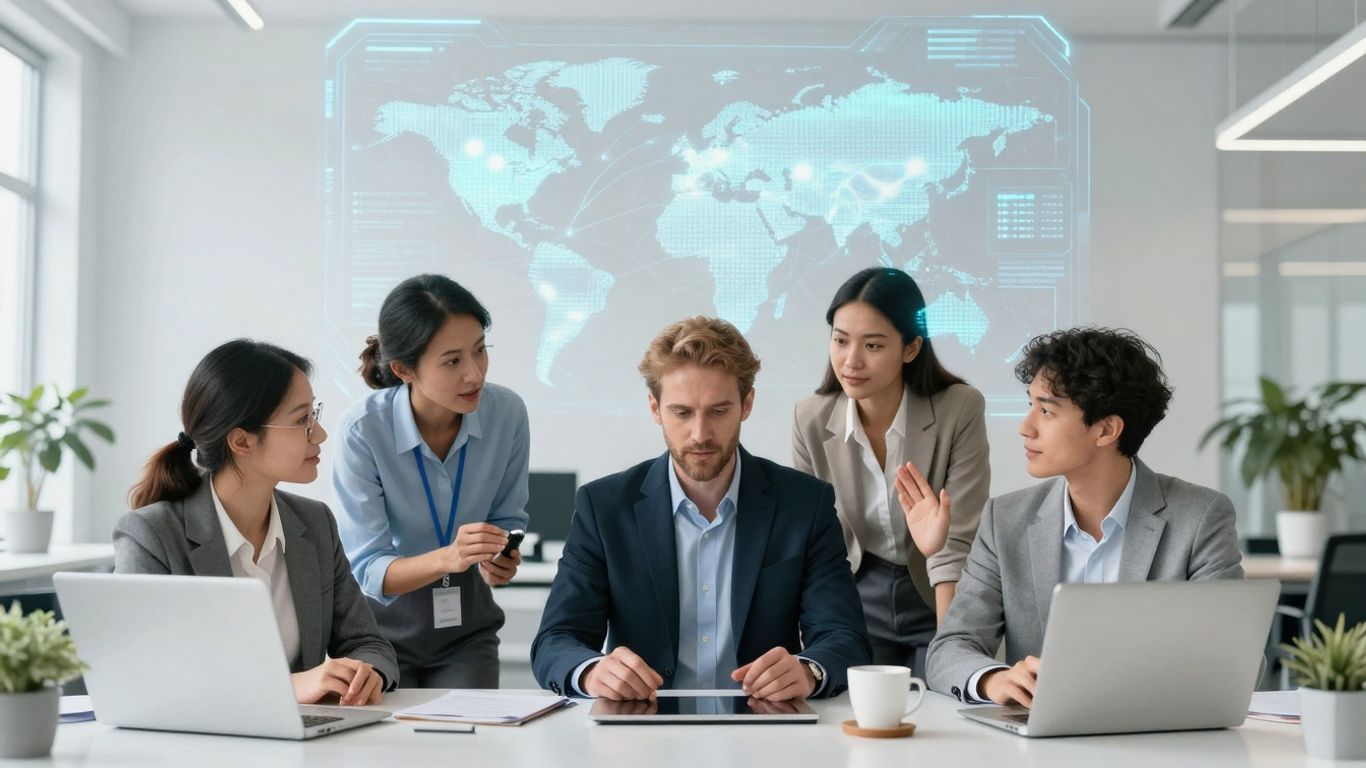 AI receptionist interface with global communication visuals.