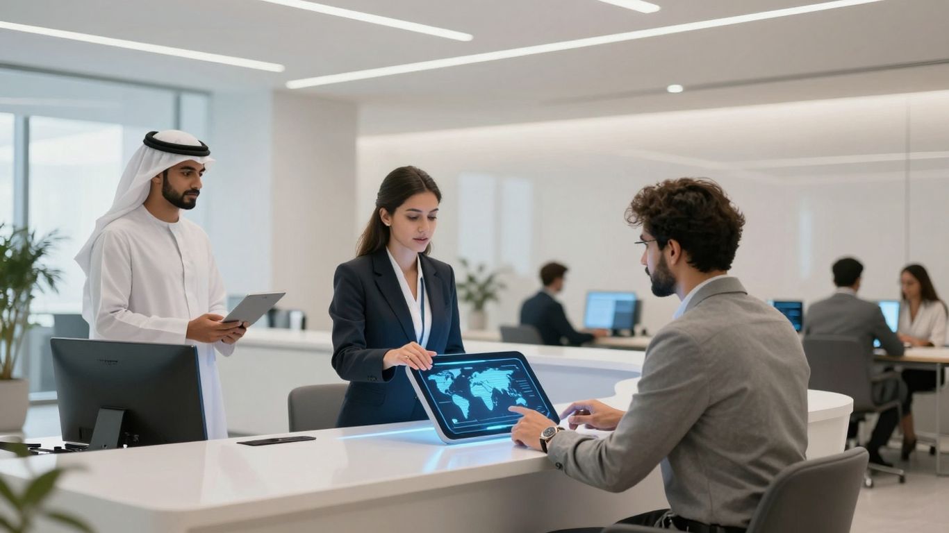 AI receptionist interface in a modern office.
