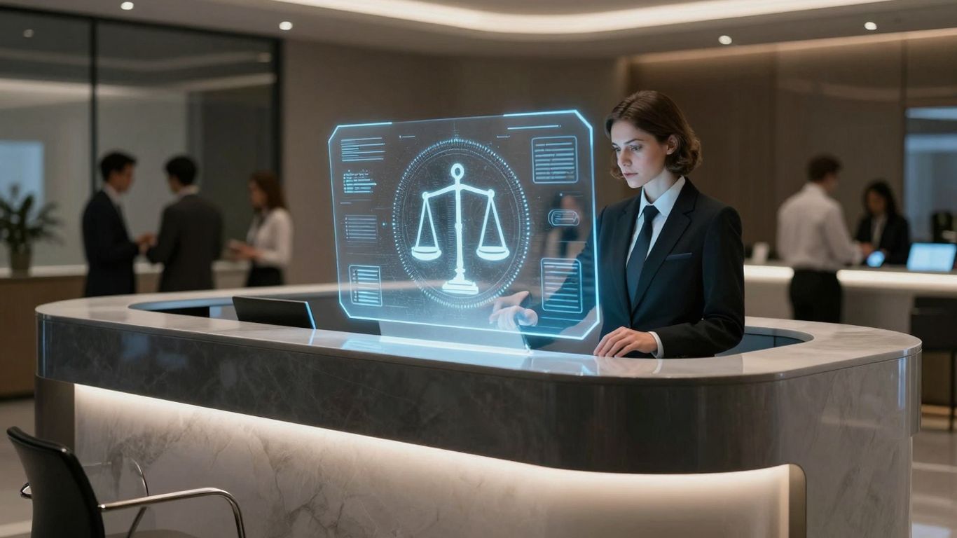 AI receptionist interface at a law firm reception desk.