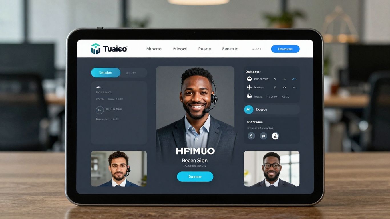 AI receptionist on tablet in legal office setting.