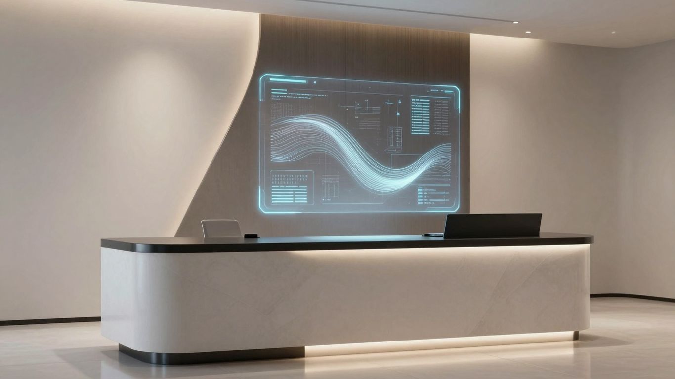 AI receptionist interface at a modern legal office reception desk.