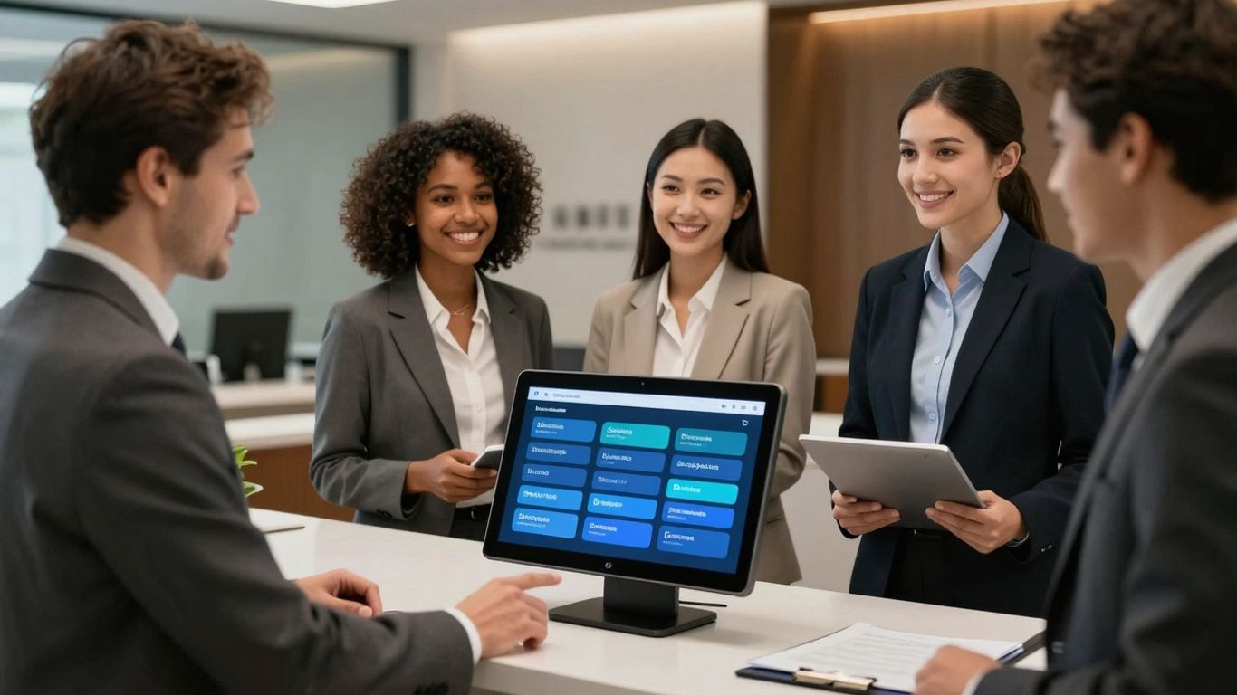 AI receptionist assisting diverse clients in a modern office.