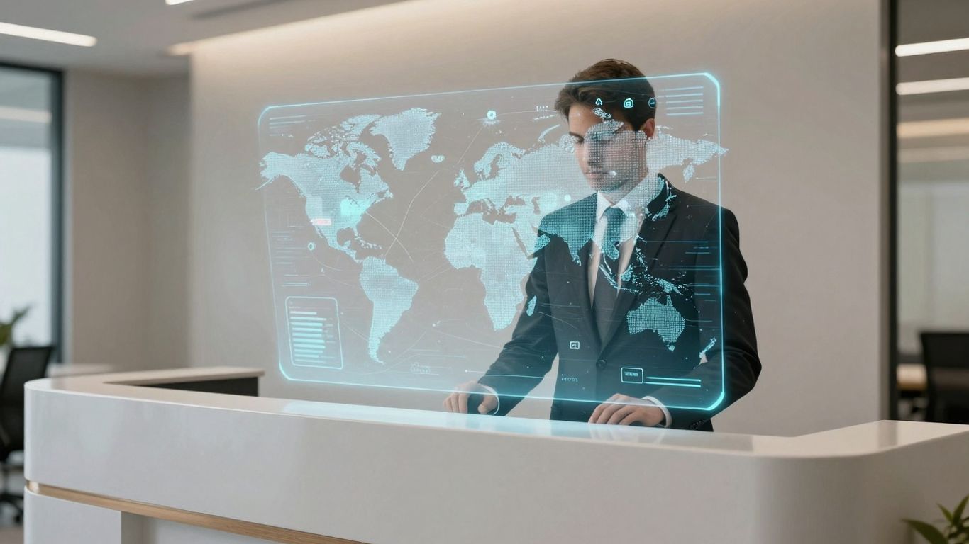 AI receptionist interface with global language icons.