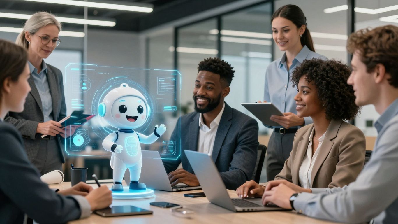 AI receptionist facilitating multilingual communication in a modern office.