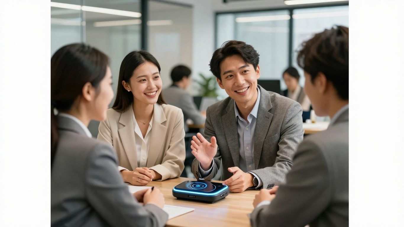 Business people interacting with AI receptionist technology.