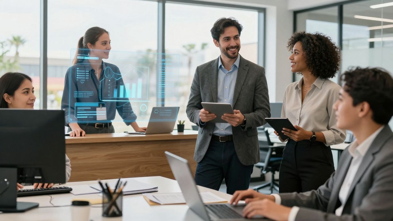 Multilingual AI receptionist assisting business professionals in an office.