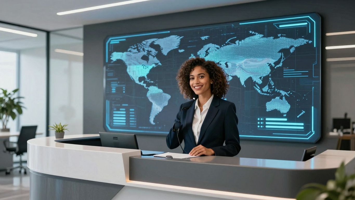 AI receptionist avatar speaking, global connectivity