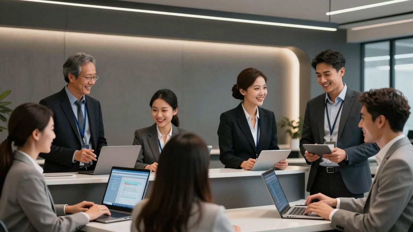 Global business people communicating at a modern reception desk.