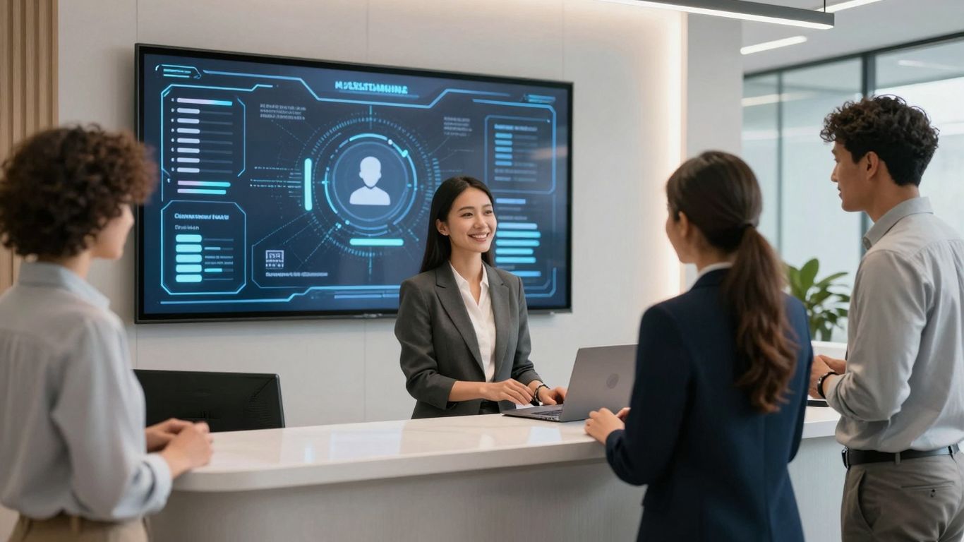 AI receptionist assisting diverse customers in a modern office.