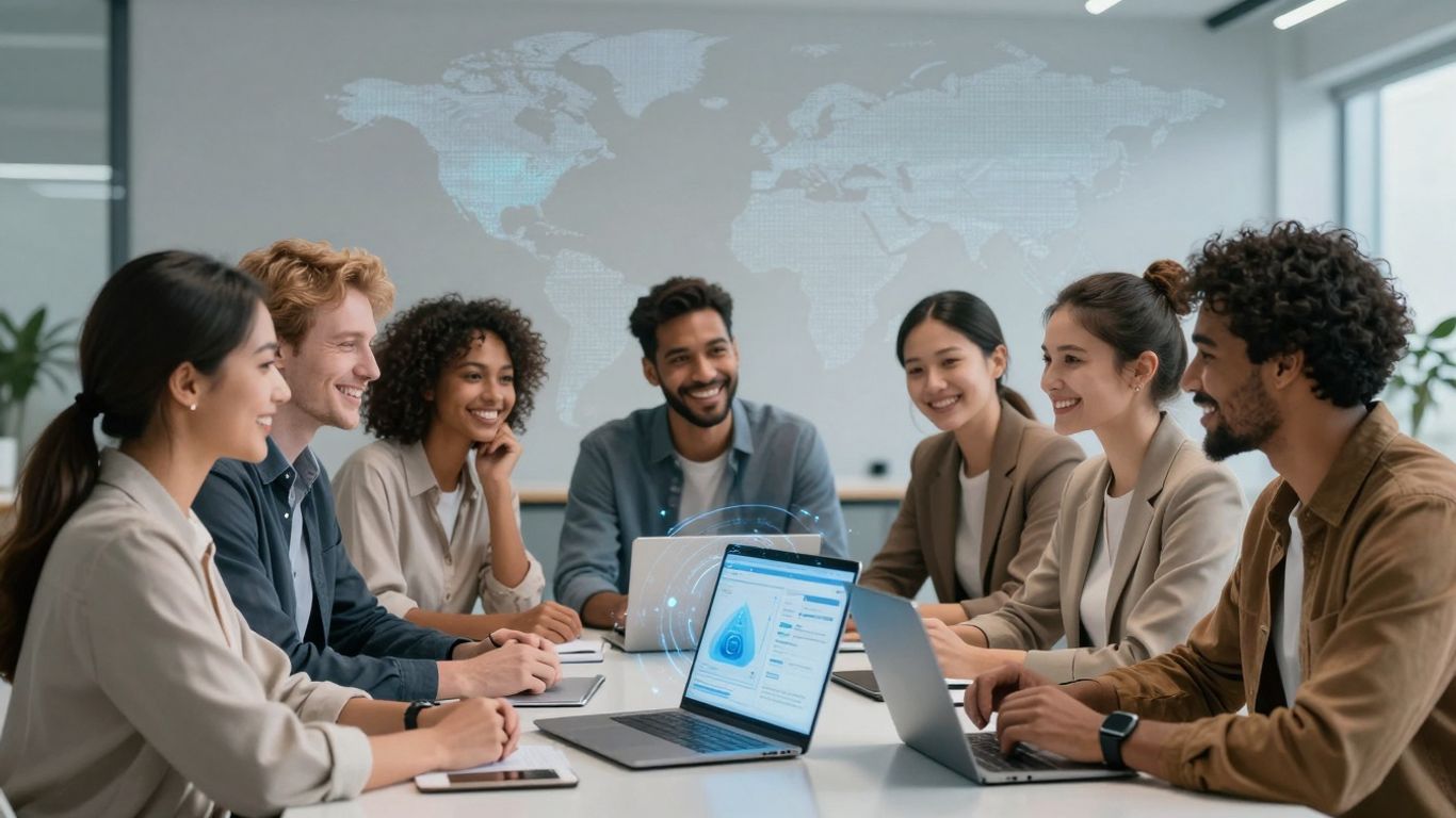 AI receptionist helping diverse customers with global connections.