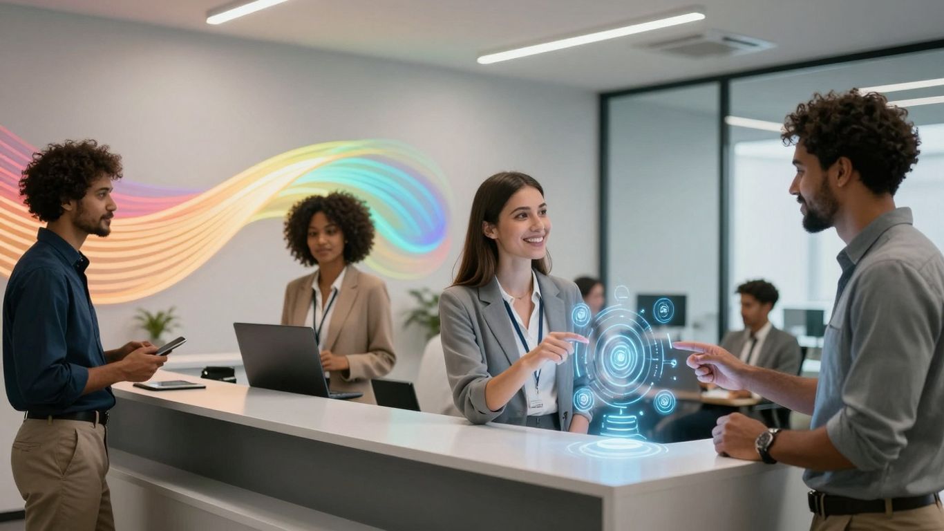 AI receptionist assisting diverse customers in a modern office.