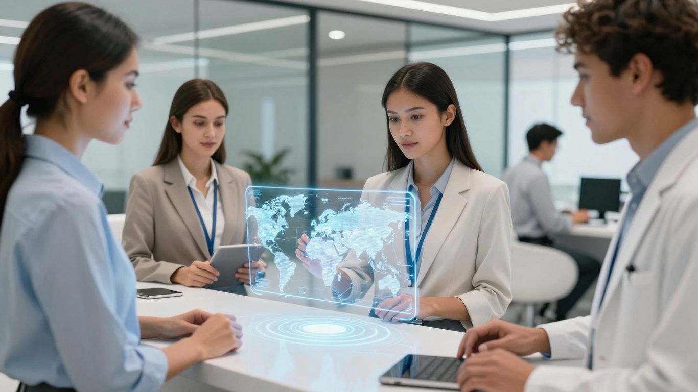 AI receptionist interface in a modern office.