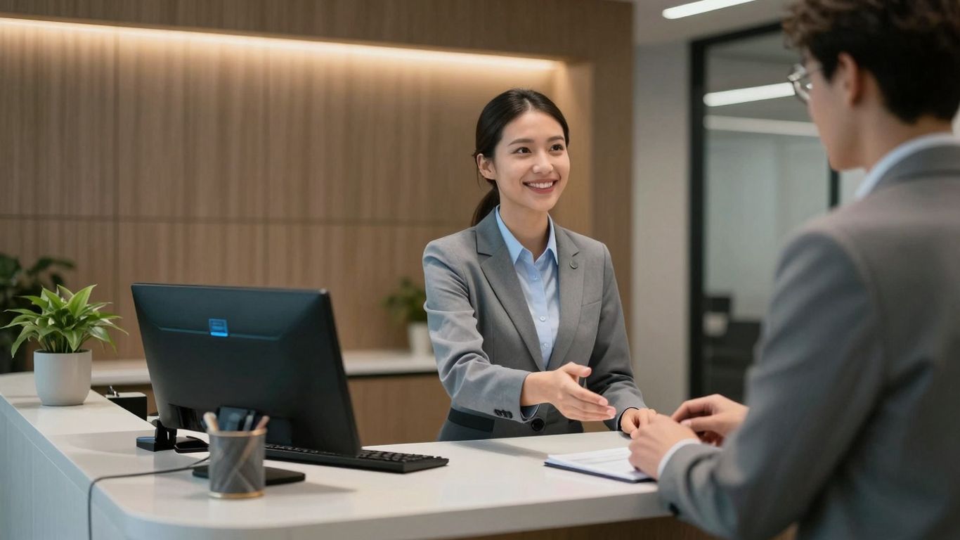 AI receptionist assisting a customer in a modern office.