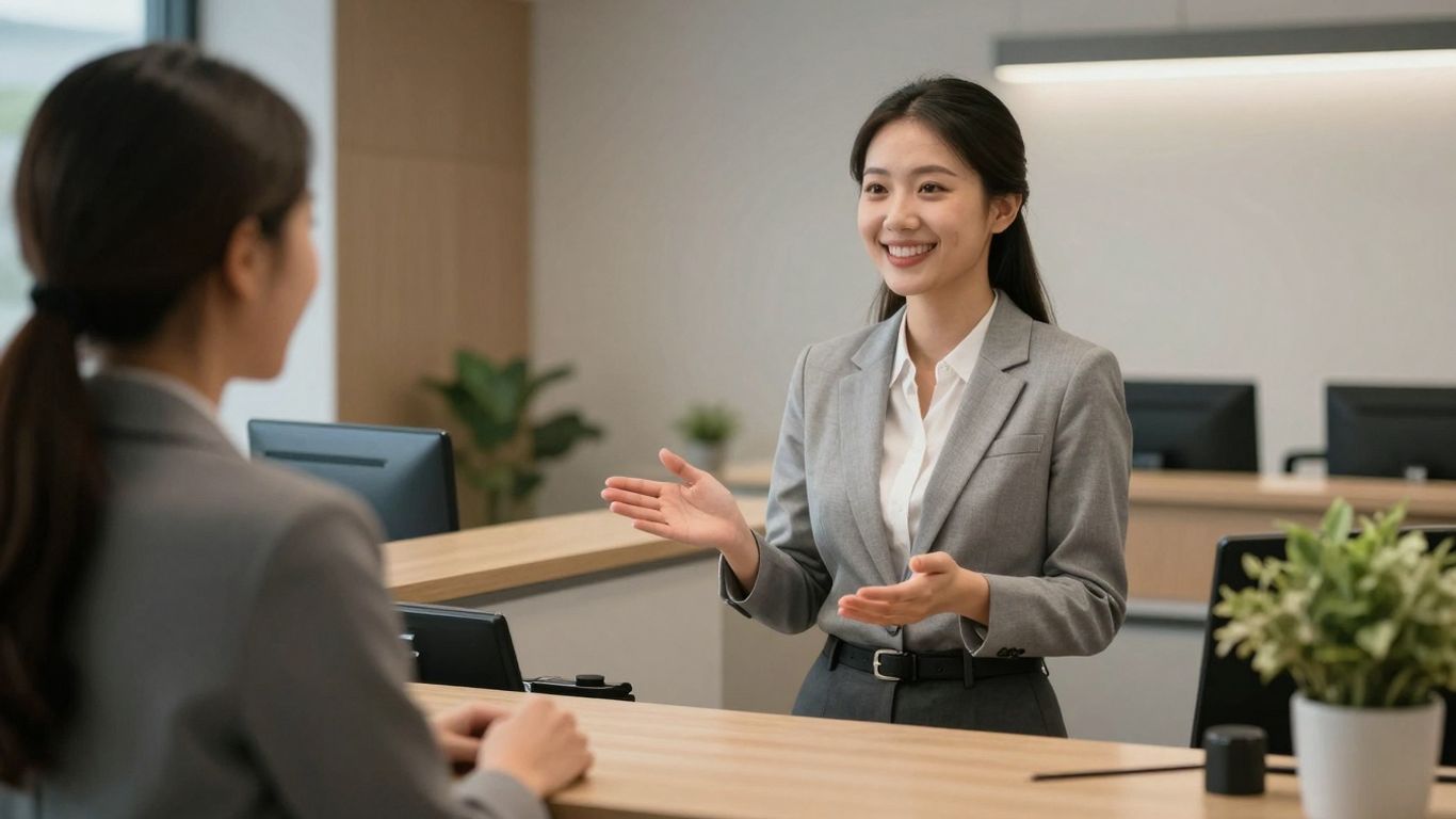 AI receptionist assisting a customer with a smile.