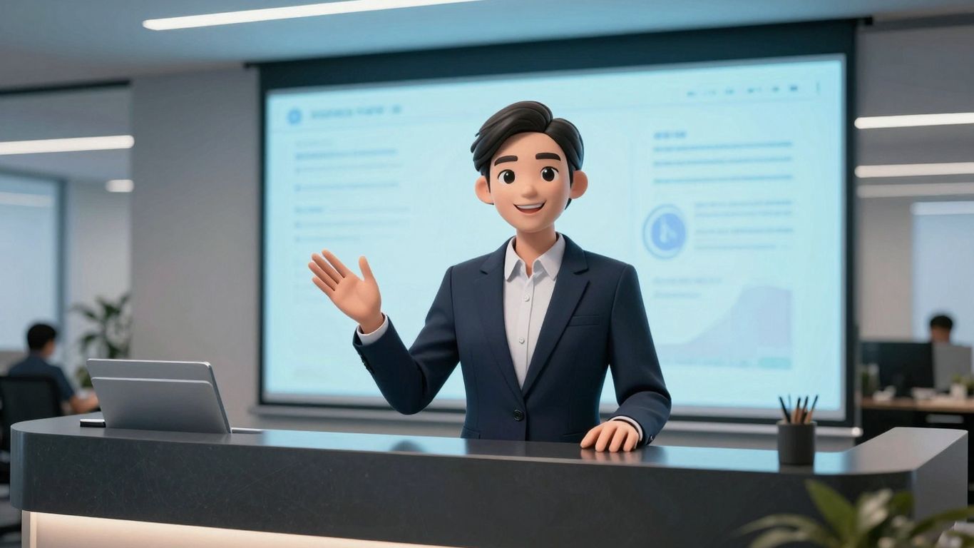 AI receptionist welcoming visitors in a modern office.