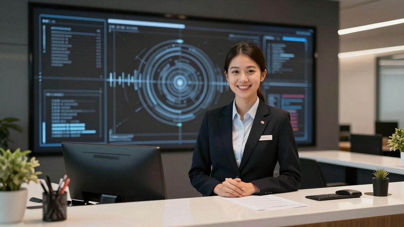 AI receptionist smiling, modern office setting