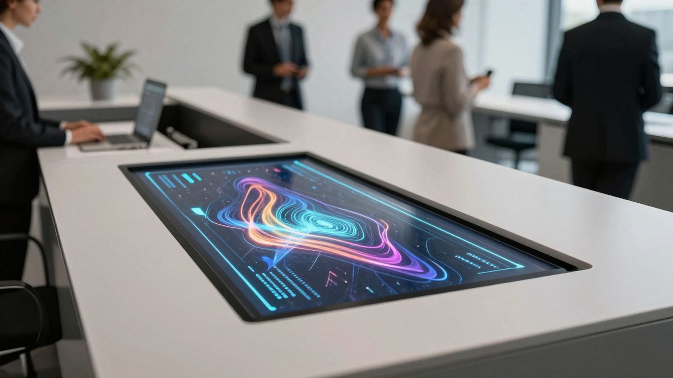 AI receptionist interface in a modern office setting.