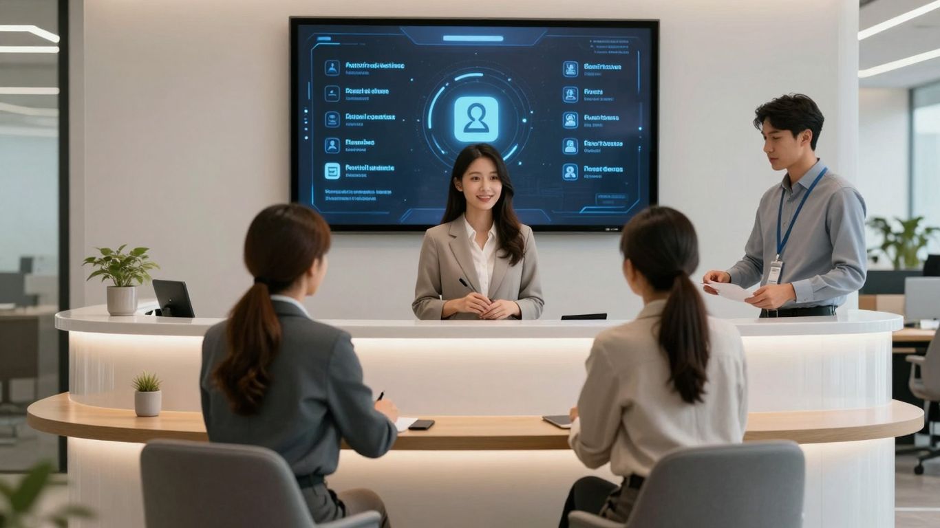 AI receptionist with multilingual capabilities in an office.